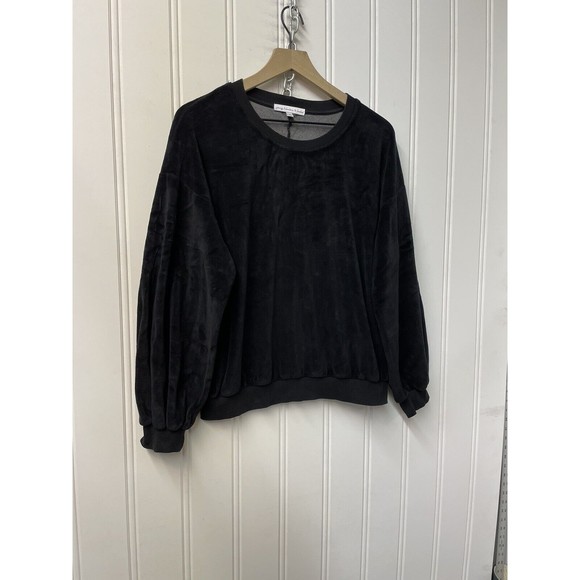 YOUNG FABULOUS & BROKE Black Velour Balloon Sleeve Crewneck Sweater Size Medium - Picture 2 of 8